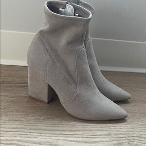 Express Light Gray Suede Style Pointed Toe Block Heel Ankle Boots